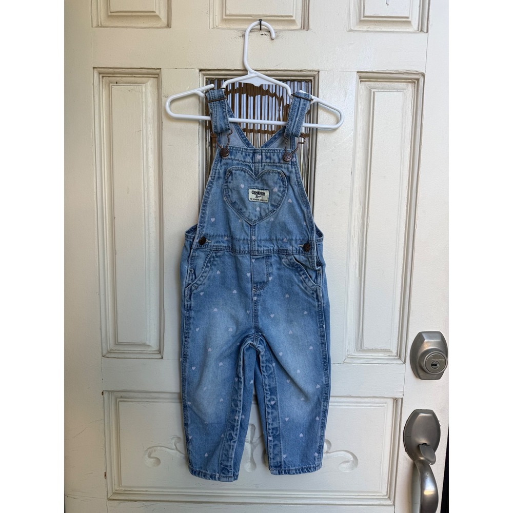OshKosh Bgosh Girls Heart Print Denim Overalls Light Wash Heart Pocket Size 18M